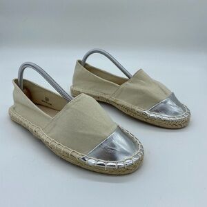 London Rebel Espadrilles Slip On Shoes Loafer Canvas Silver Tan Womens 6 W Wide